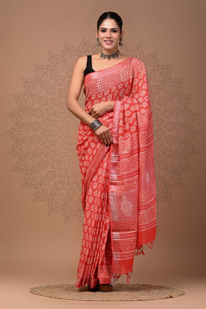 Hand Block Printed Linen Saree with Blouse